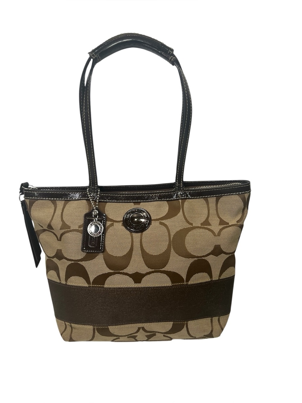 COACH Y2K Signature Canvas W Leather Stripe Tote Bag Purse Brown F19046 - Picture 13 of 13
